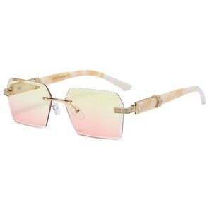 Men Women Sunglasses Square Yellow‎ Pink Lens Fashion Gold Frame Rapper Icedout